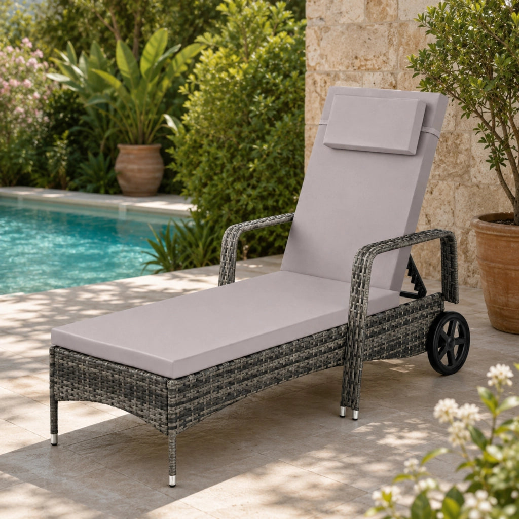 Lettino Prendisole Reclinabile In Polyrattan Con Schienale Regolabile In 6 Posizioni Cuscino Poggiatesta E Ruote Ideale Per Giardino Piscina Terrazza Solarium Relax Outdoor 196 x 72 x 94.5 Cm Grigio