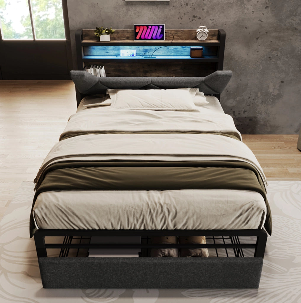 Letto singolo 90x200 in tessuto grigio con testiera contenitore e LED