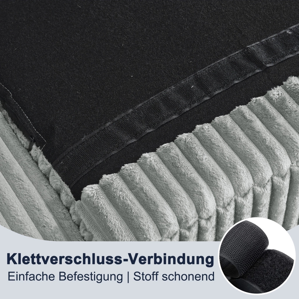 Divano angolare modulare a L con pouf ovale e 2 cuscini in corduroy, seduta confortevole grigio 256.5 × 133.5 × 89 cm