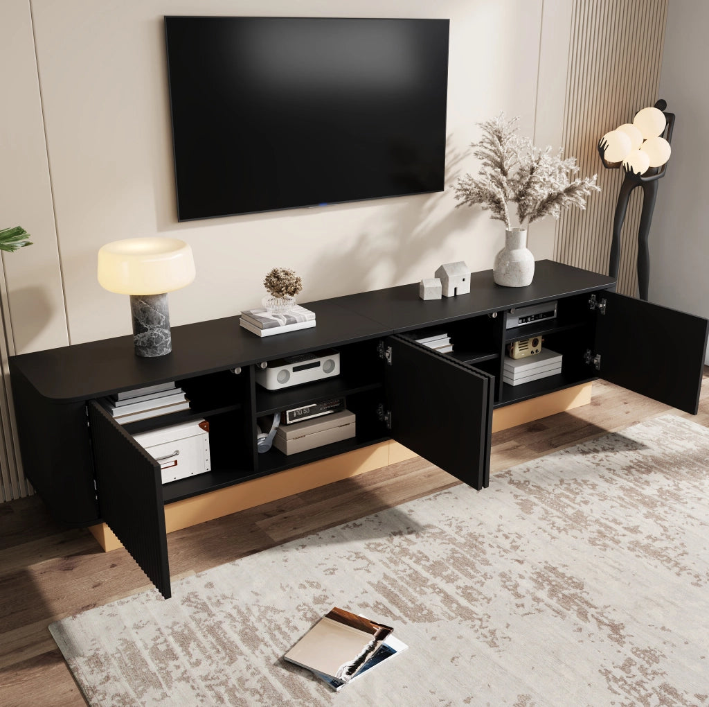 Mobile TV 200 cm a 4 ante con ripiani regolabili; design rigato; in MDF nero