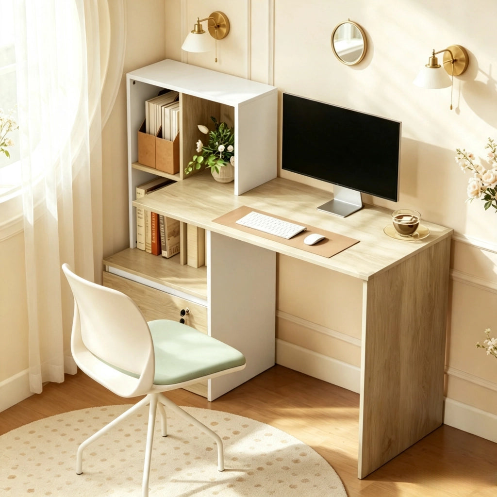 Scrivania da Computer con Libreria a 4 Scomparti e Cassetto Chiuso, Bianco e Rovere Chiaro