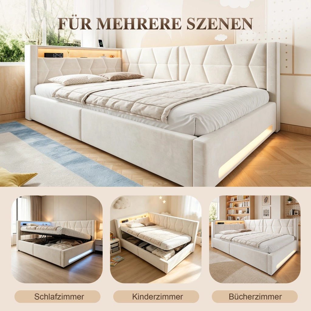 LETTO Contenitore 140x200 cm Velluto Beige con USB, Type-C e LED