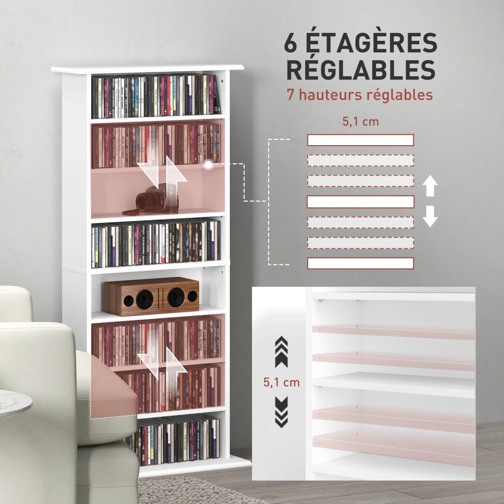 Libreria per CD e DVD con 8 scomparti e 6 ripiani regolabili ¨C zephmum ¨C bianco