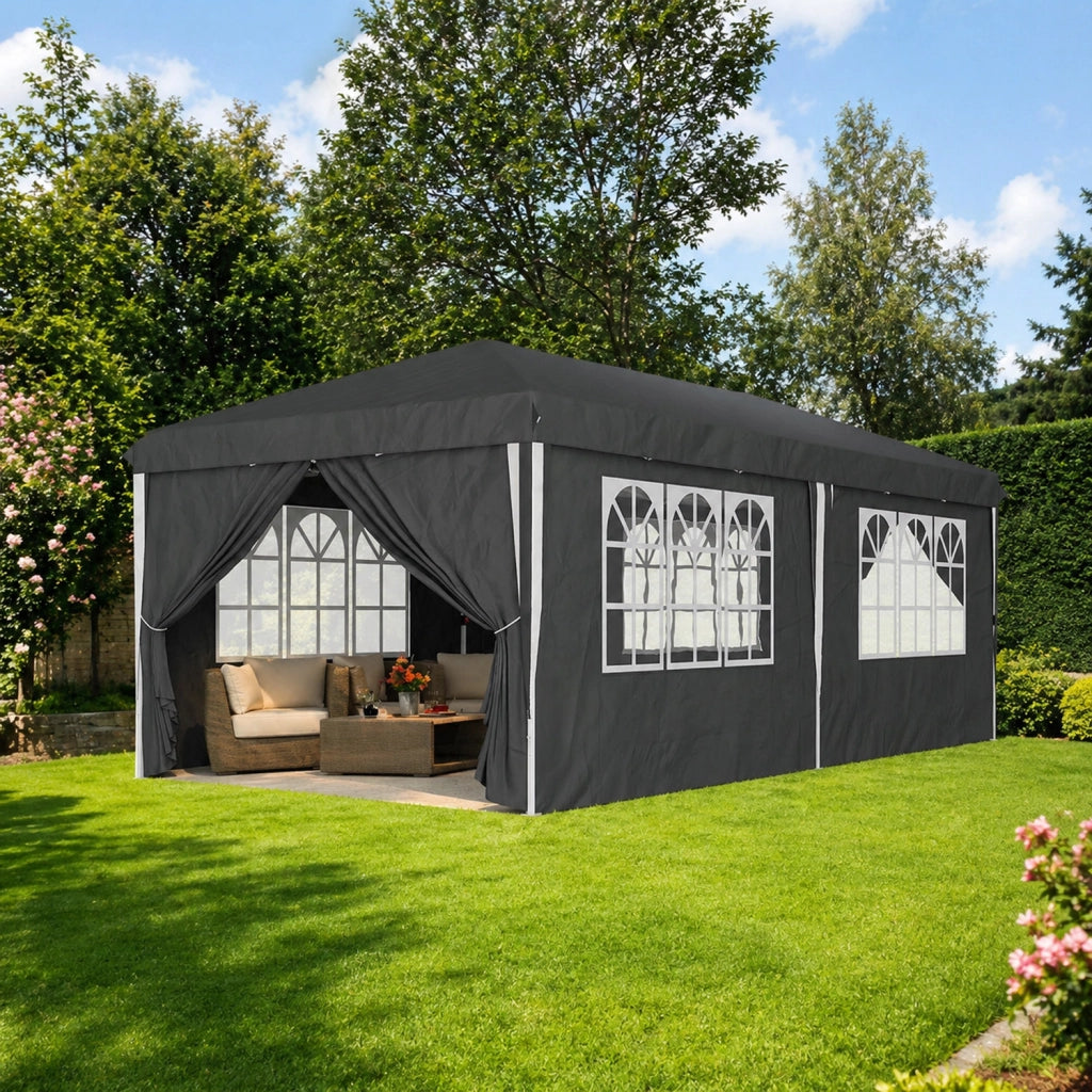 Gazebo Pieghevole 3x6 Metri Con Pareti Laterali E Finestre Impermeabile Altezza Regolabile Struttura In Metallo Nero