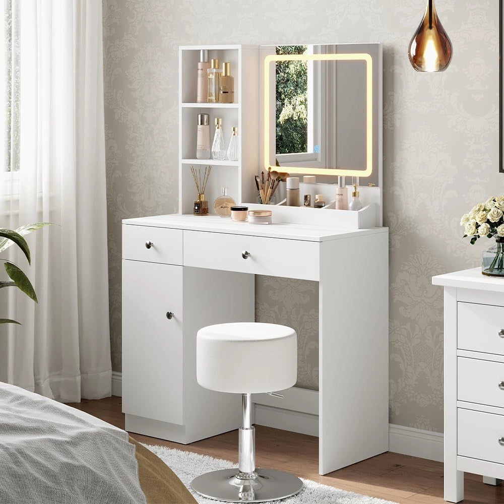 Tavolo da toilette Silvia, Bianco, 90 cm con specchio, per l'utilizzo come tavolo da trucco o da toeletta con illuminazione LED