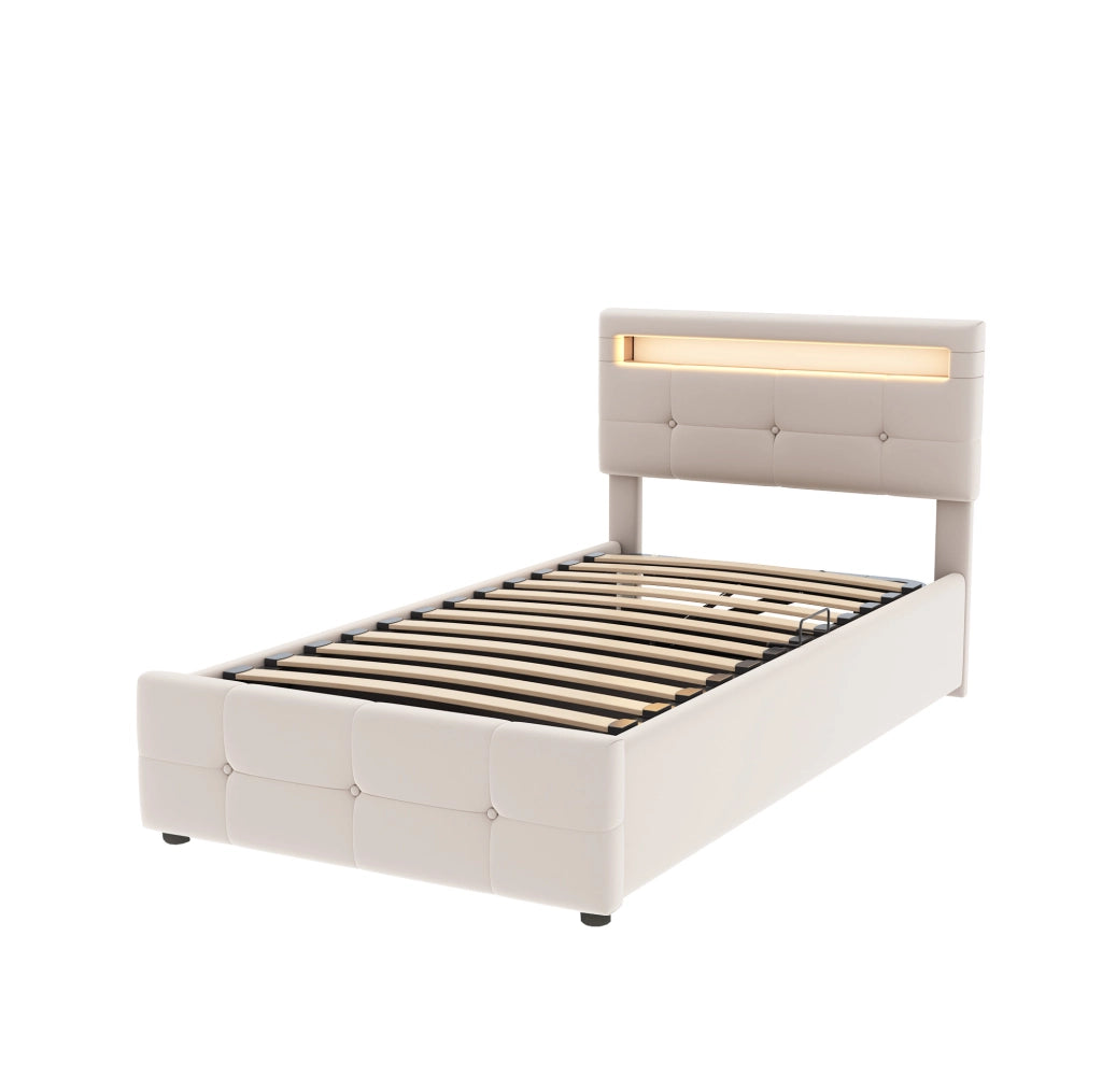 Letto imbottito contenitore 90x200 cm con LED; testiera regolabile; velluto beige