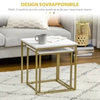 Tavolino da Salotto Set 2 Pezzi Impilabile con Piano in Truciolato e Struttura in Acciaio, Bianco e Oro