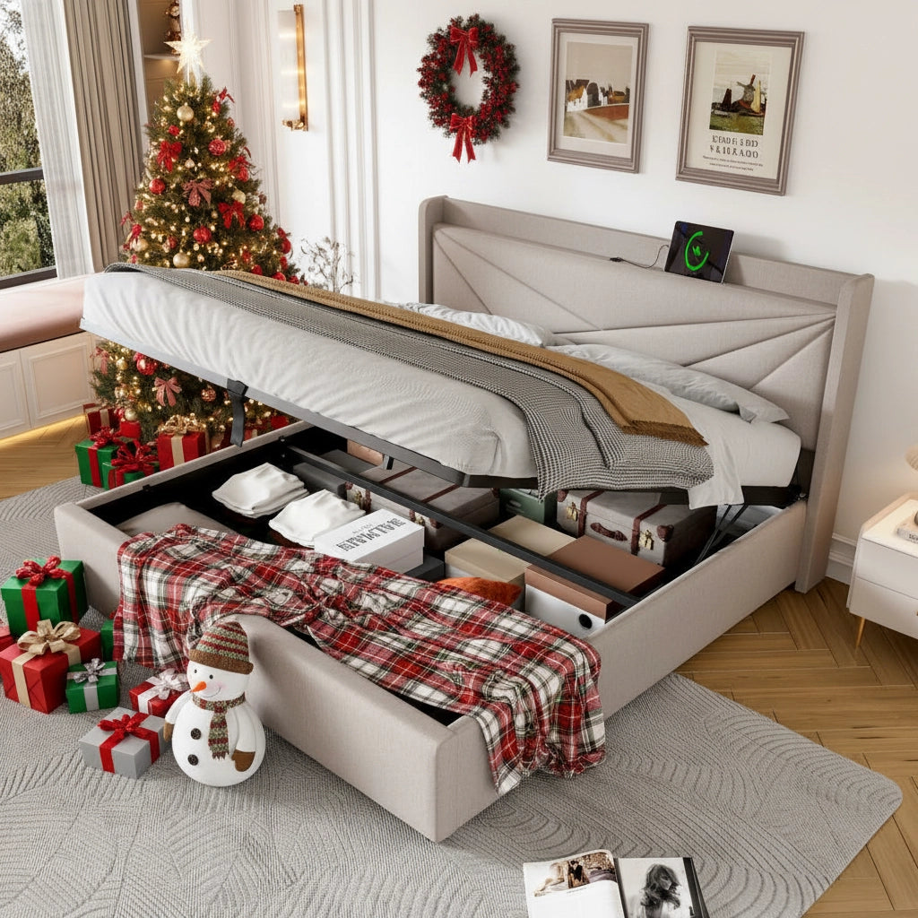 Letto a cassone imbottito - Xylo - 180x200 cm - Beige - Testiera con USB