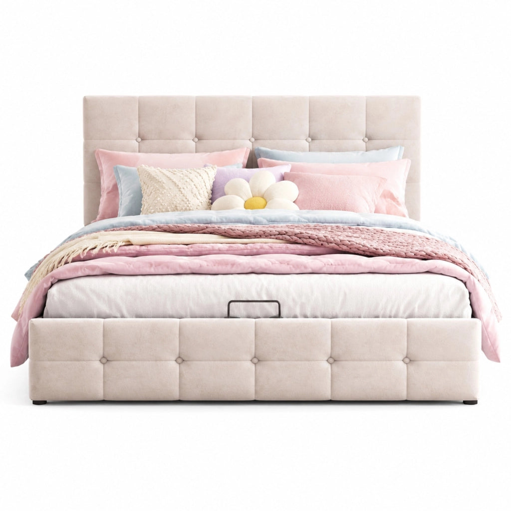 Letto matrimoniale imbottito 140x200 cm con contenitore idraulico; velluto crema