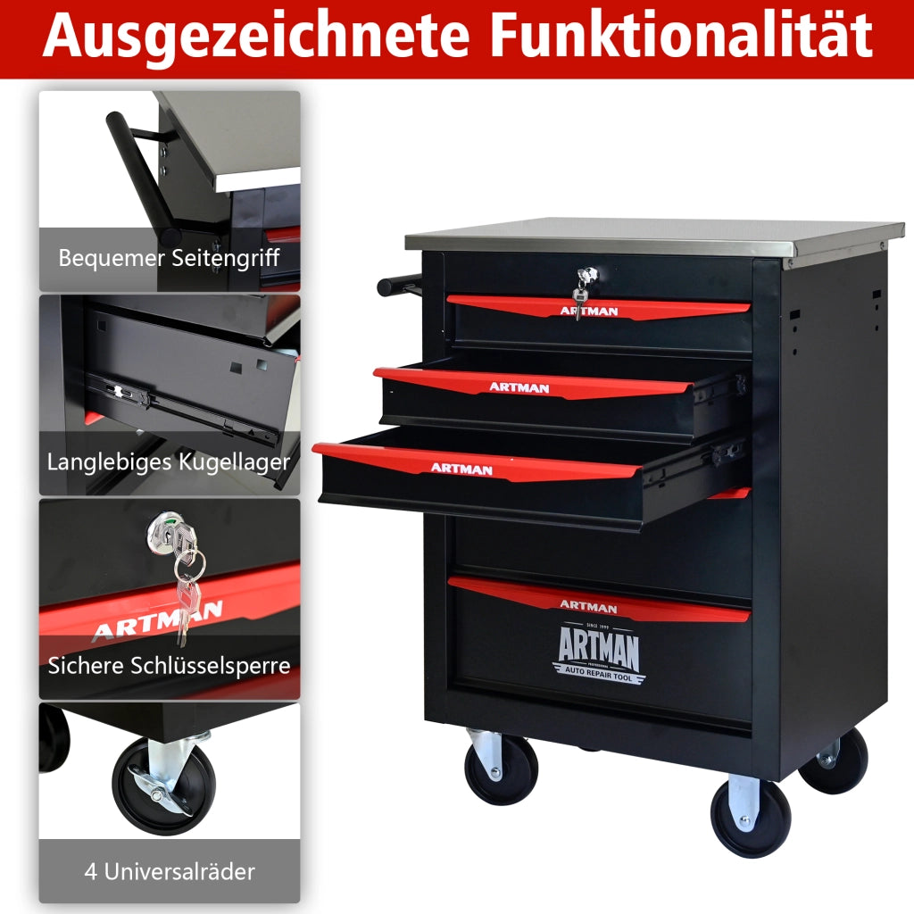 Mobile contenitore con 5 cassetti e ruote in acciaio per garage e officina, con chiusura a chiave, nero rosso