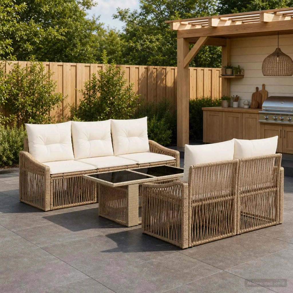 Set Divano da Giardino 6 pz Beige e Bianco Crema polyrattan 3437205