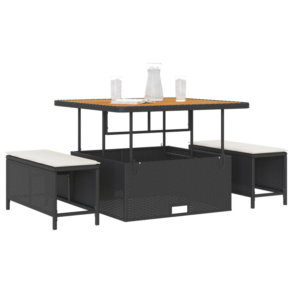 Set da pranzo da giardino 3 pezzi con cuscini in polirattan nero e acacia