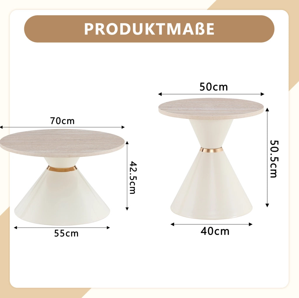Set di 2 tavolini da salotto con piano in melamina effetto pietra e struttura in metallo crema