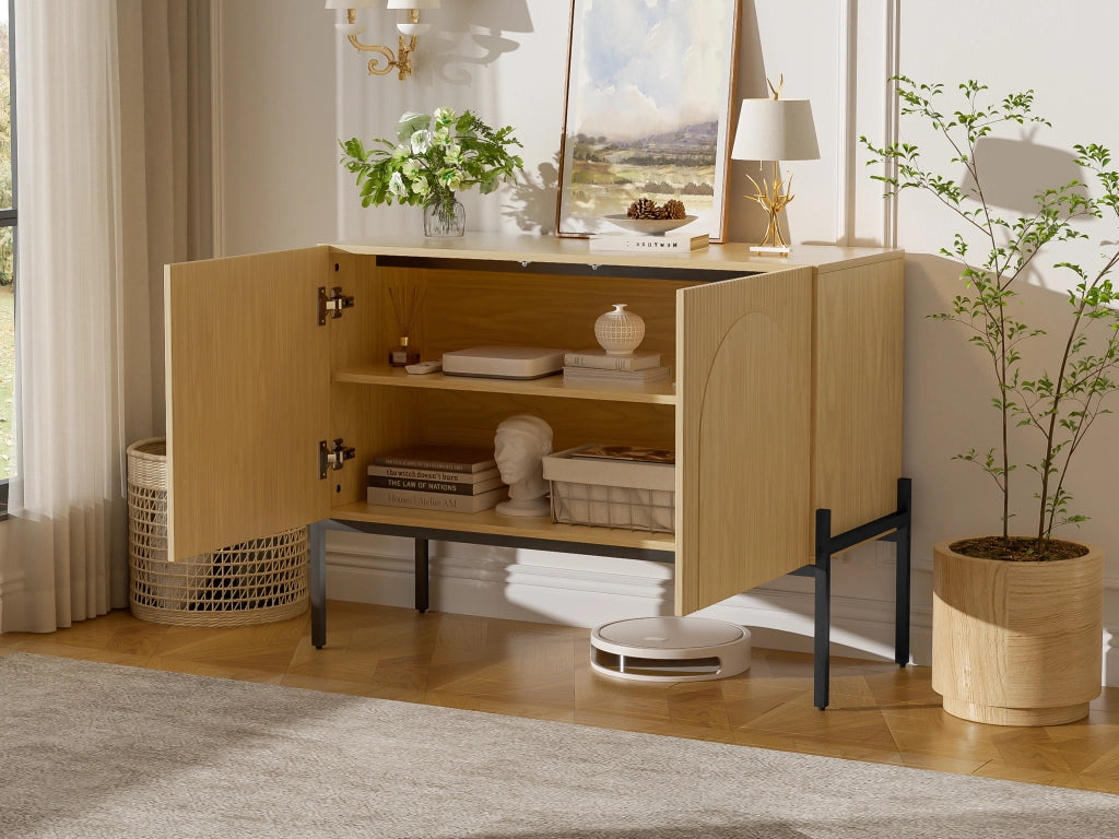 Credenza con 2 ante e gambe in metallo, design ad arco per soggiorno e sala da pranzo, naturale, 100 × 40 × 75 cm