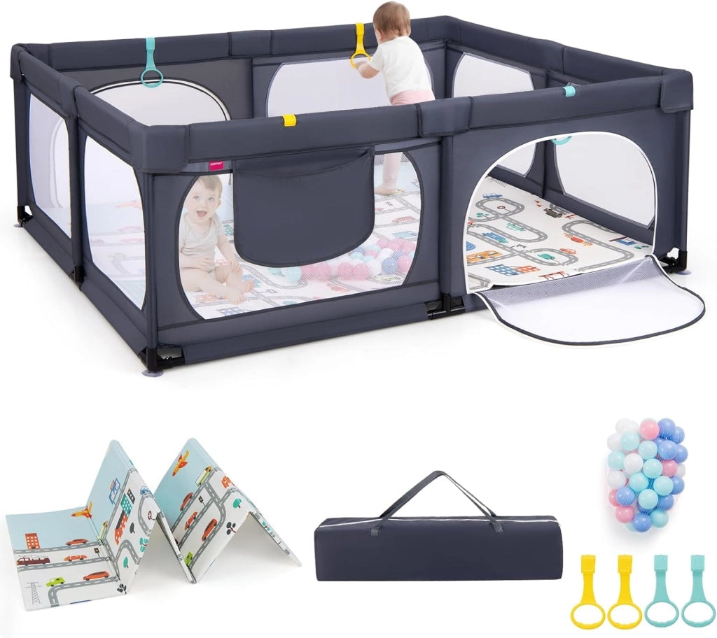 Box per Bambini con Materassino, Recinto per Bambini con 4 Anelli e 50 Palline Colorate, Rete Traspirante, Tasca e Borsa, Box Giochi per Bambino 0-3 Anni (Grigio Scuro, 189 x 158 cm)