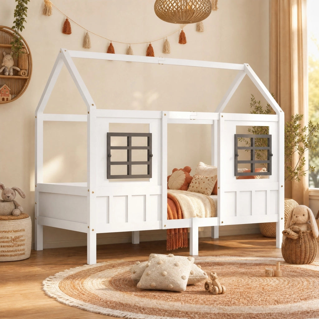 Letto a casetta per bambini con 2 finestre, struttura in pino e MDF, bianco, 200x90 cm