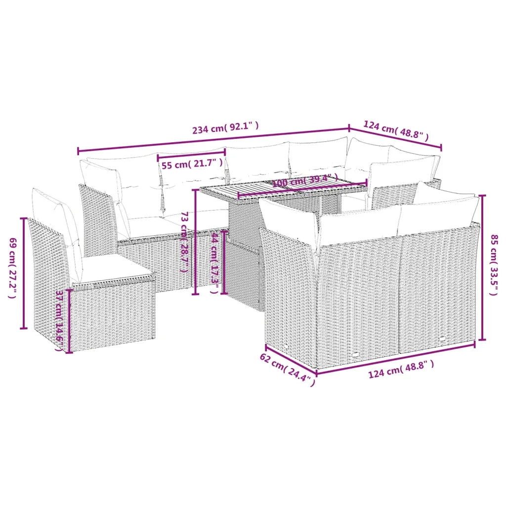 Set Divano da Giardino 9 pz con Cuscini Beige in Polyrattan 3270932