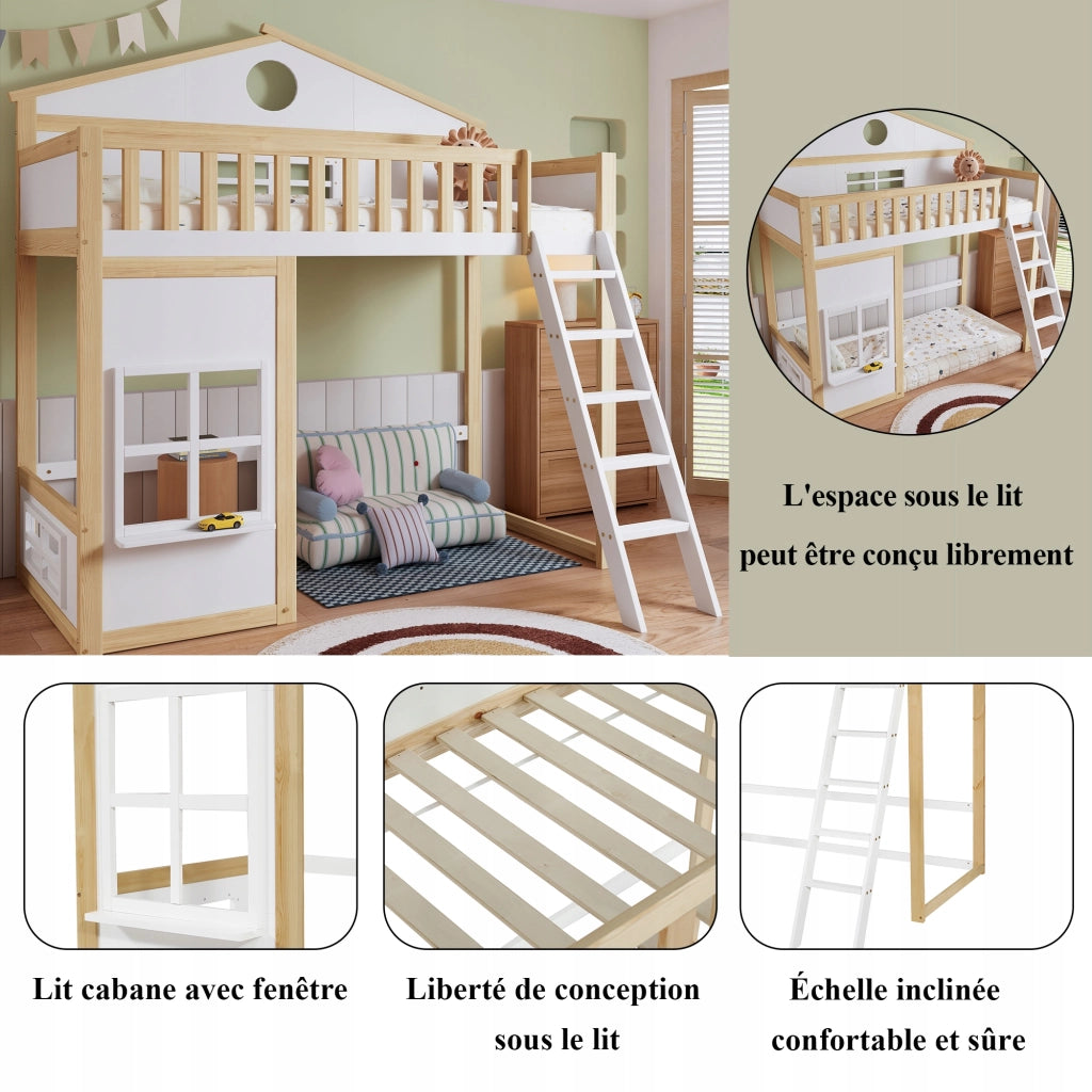 Letto a castello con tetto - Xylo - 90x200 - Bianco+Legno