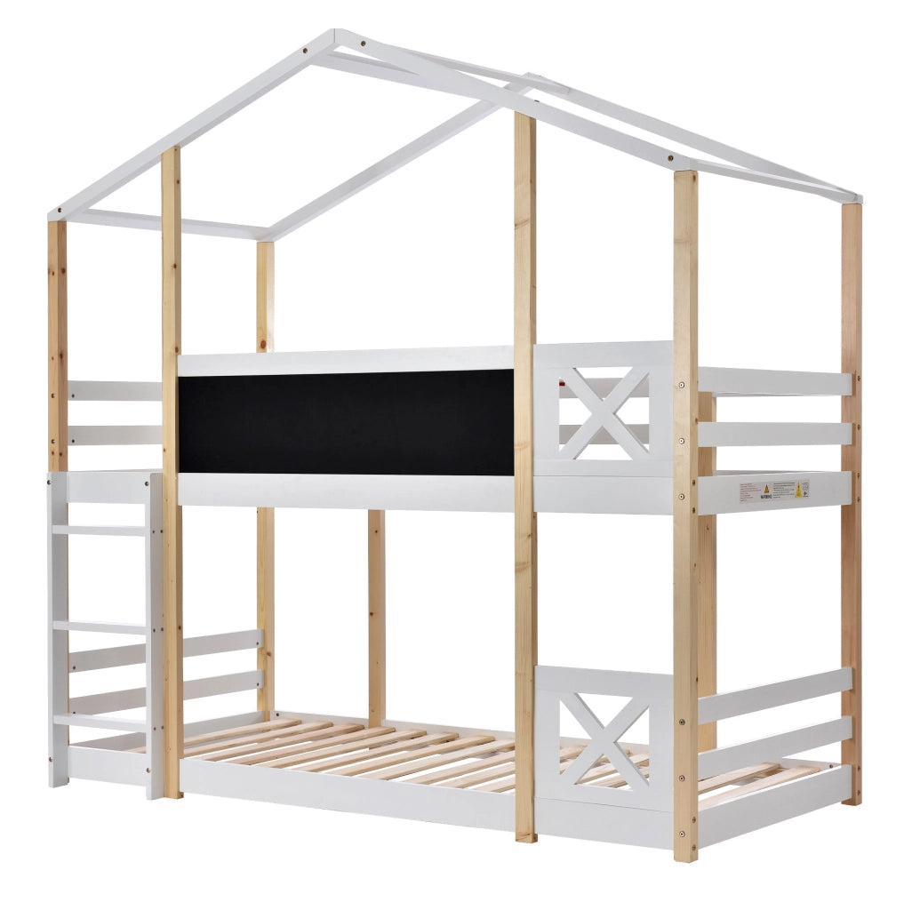 Hochbett per bambini a forma di casetta 90x200 cm con scala e lavagna; bianco in legno massello
