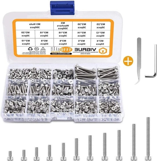 Set di viti 1110 pezzi - Viti a 6 gusci M3 in acciaio inossidabile 304 - Kit di viti e rondelle con scatola di contenimento a coperchio