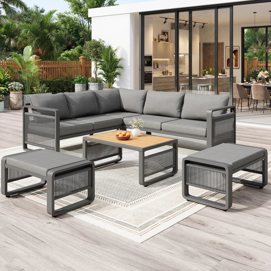 Set Divano da Giardino 6-7 Posti ¨C MINIMAL ¨C Angolare, Corda, Ferro, Cuscini, Grigio