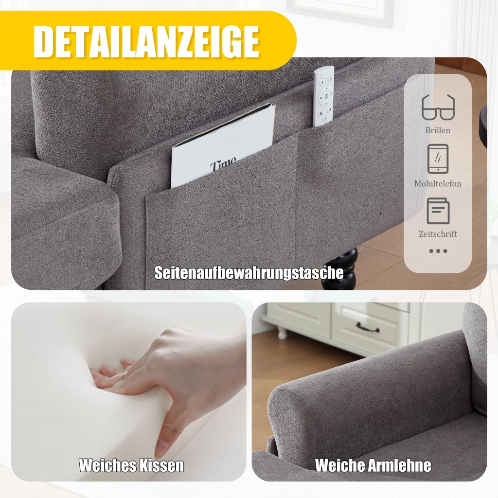 Poltrona Relax Ampia con Tasche Laterali Schienale e Braccioli Confortevoli Piedi in Legno Massello in Ciniglia Grigio Scuro