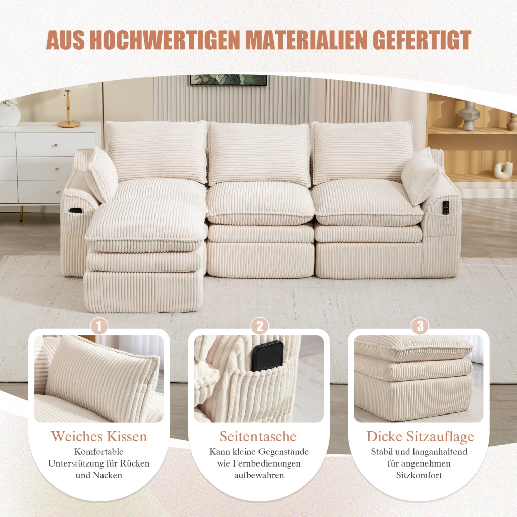 Divano modulare 3 posti in velluto a coste con cuscini, tasche laterali e schiuma a 3 strati, beige