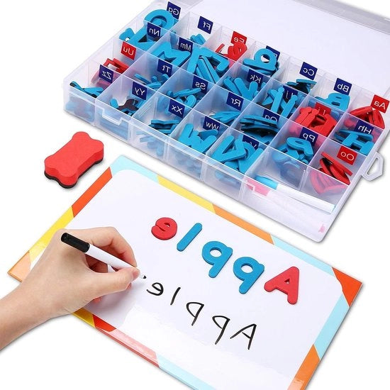 Set di Lettere Magnetiche 238 pezzi Alfabeto Numeri Mobili con 2 Tavole Magnetiche Doppie 3 Pennarelli e Gomma Kit Educativo per Bambini Apprendimento della Scrittura.