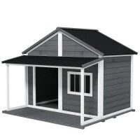 Cuccia per Cani da Esterno con Terrazza, Finestra e Tetto Impermeabile, 124x112x105cm, Grigio