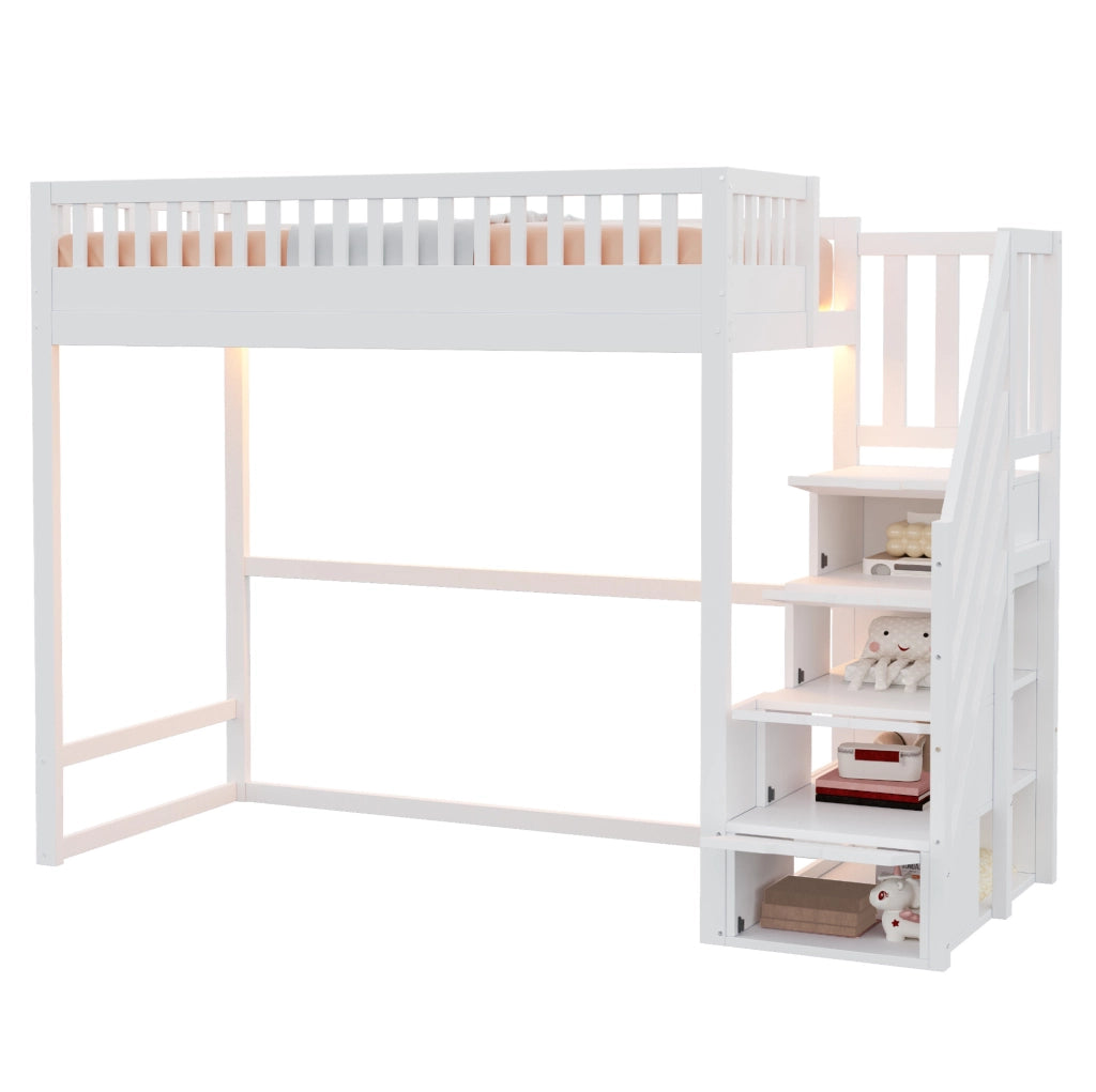 Letto a soppalco 90 x 200 cm con scala contenitore reversibile e LED; bianco