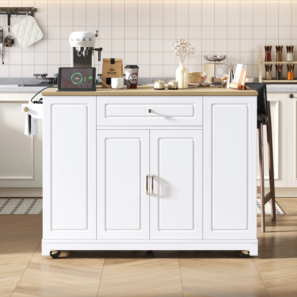 Carrello da Cucina con Piano Ribaltabile; Prese e Vano per Rifiuti; in MDF; Bianco e Naturale; 131;8 x 40-70 x 93;3 cm
