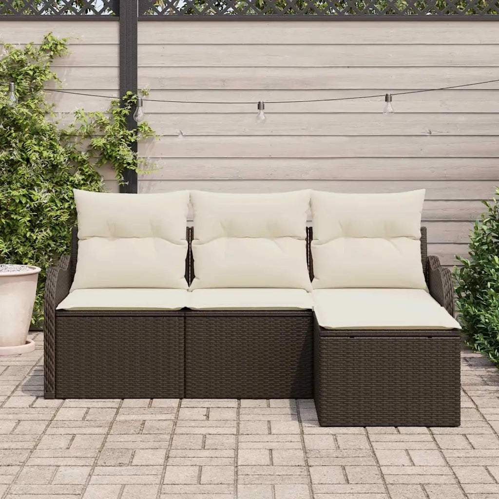 Set Divano da Giardino con cuscino 4 pz | Set Salotto da Giardino Marrone Poly Rattan