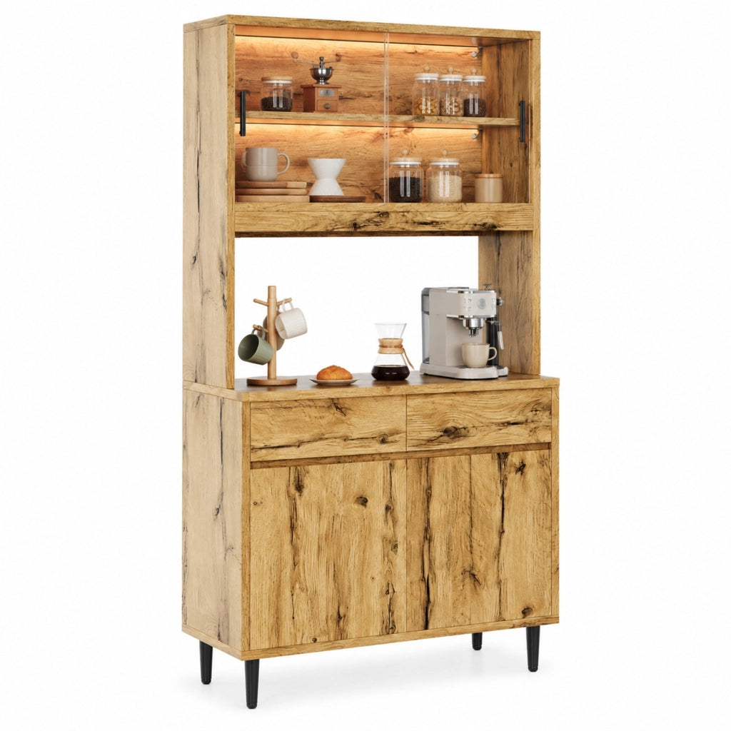Credenza alta in rovere con LED, prese e porte in vetro