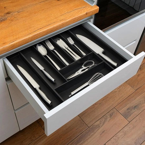 Cassa per utensili in bambù estensibile HBD 5 x 335-495 x 445 cm - 7-9 contenitori - organizzatore per utensili in cucina - nero