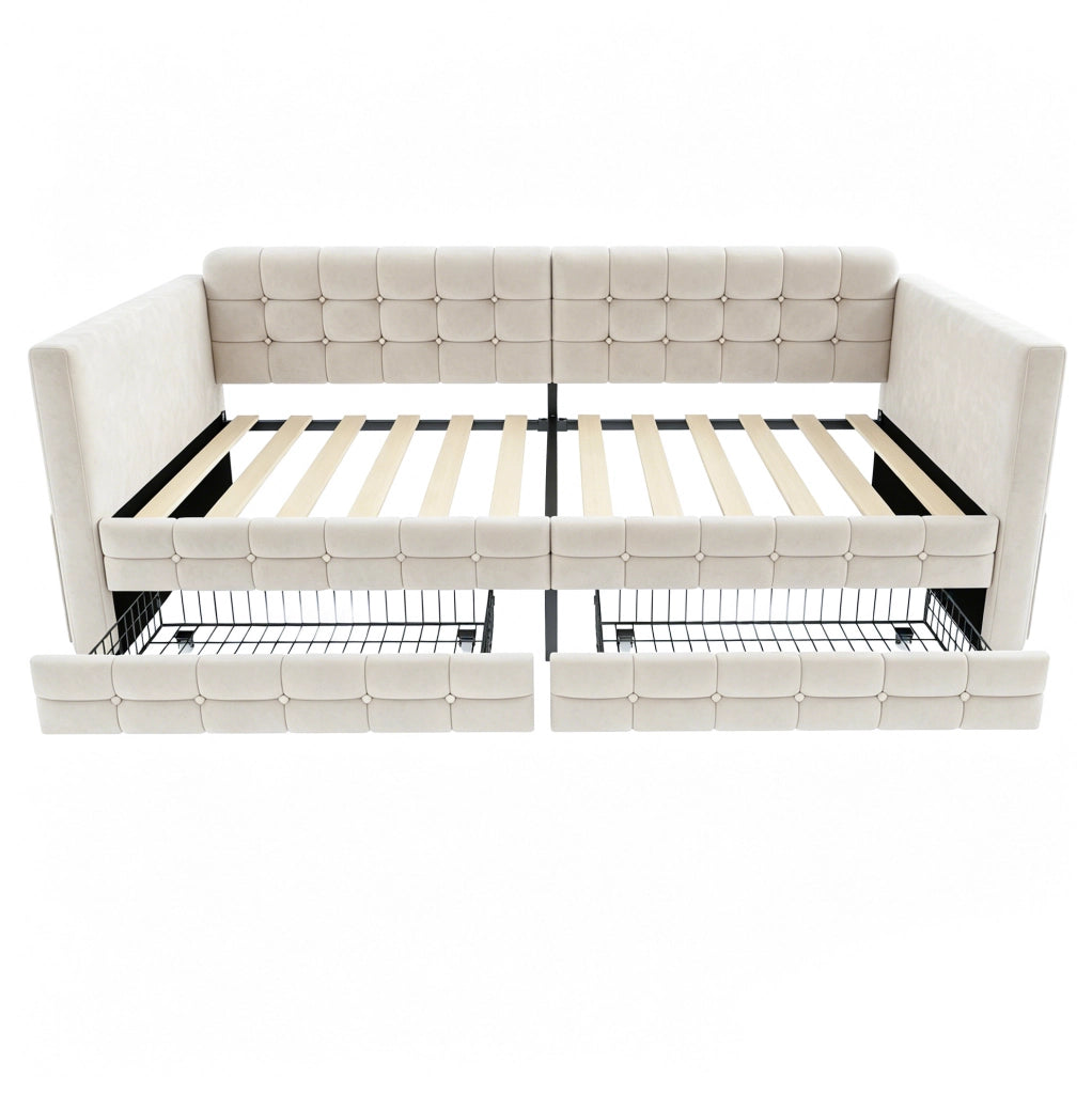 Letto imbottito 90x190 cm con tasche laterali e 2 cassetti in velluto beige
