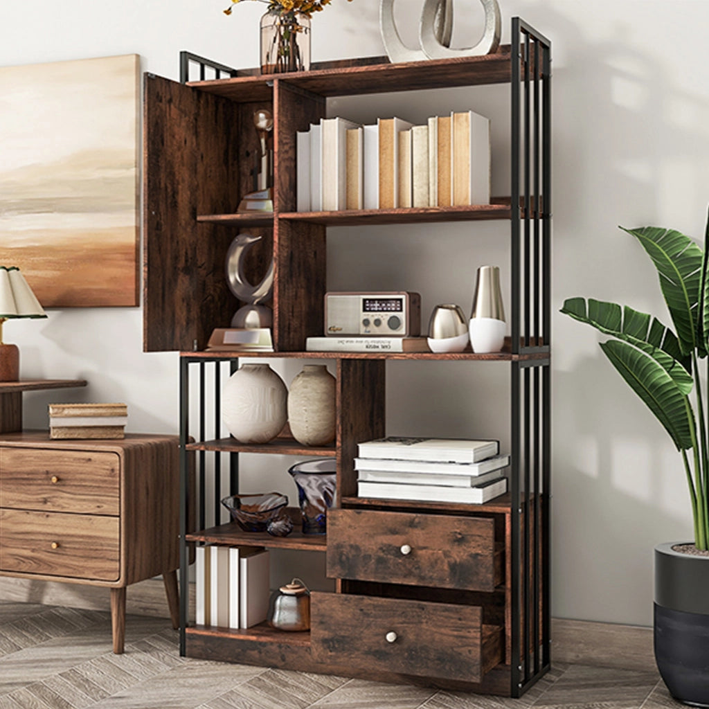Libreria con ante, cassetti e ripiani, stile industriale per soggiorno e studio, in truciolare nero marrone