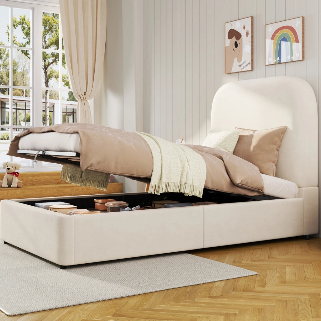 Letto imbottito per bambini beige con vano idraulico