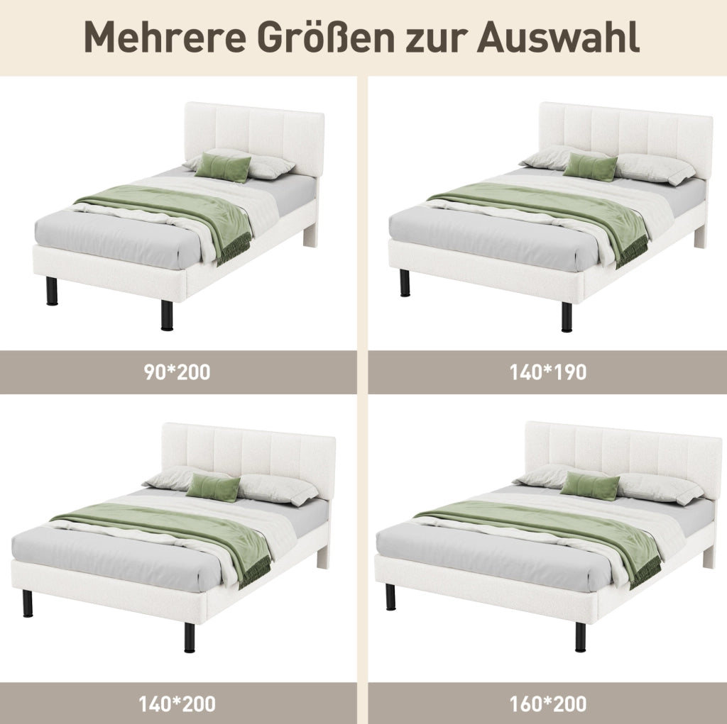 Letto imbottito 140x190 cm in tessuto Sherpa beige con rete a doghe e piedi in ferro
