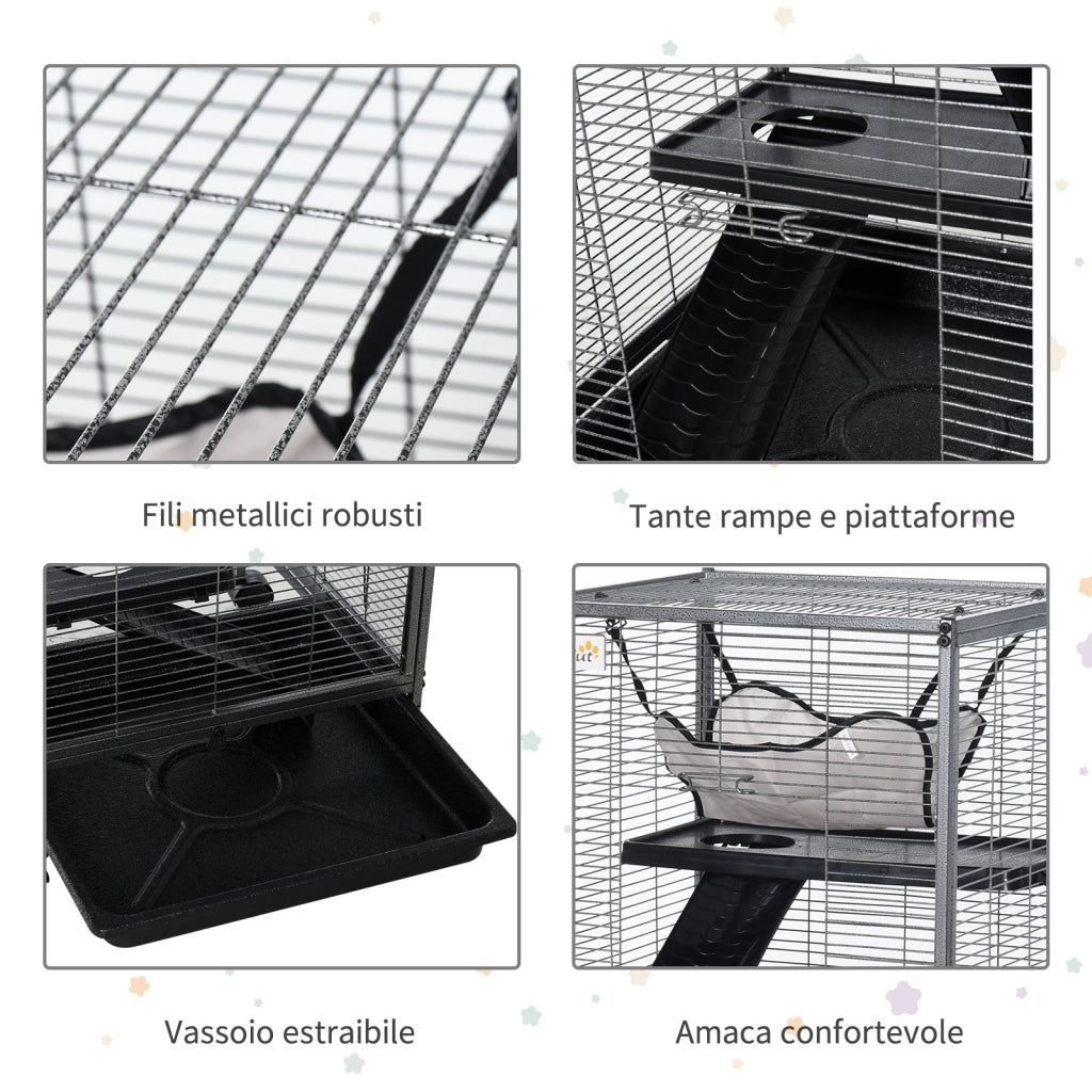 EasyComfort Gabbia per Piccoli Roditori in Acciaio, Gabbietta per Porcellini d'India e Cincillà con 3 Piani, 4 Ruote, Amaca e Vassoio Rimovibile, 52 x 52 x 113.5cm, Grigio Argento