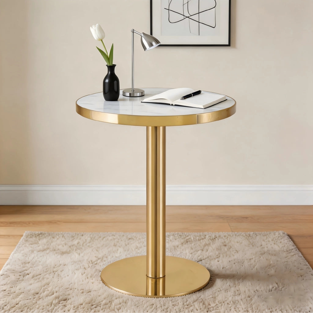 Tavolino basso rotondo con piano effetto marmo e bordo in acciaio inossidabile dorato, per soggiorno, bianco oro