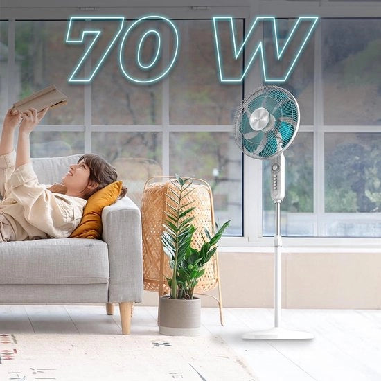 Ventilatore da tavolo 16 pollici Max Flow con timer e 4 velocità - 70W, 7 pale, oscillazione a 90°, regolabile fino a 130cm di altezza.