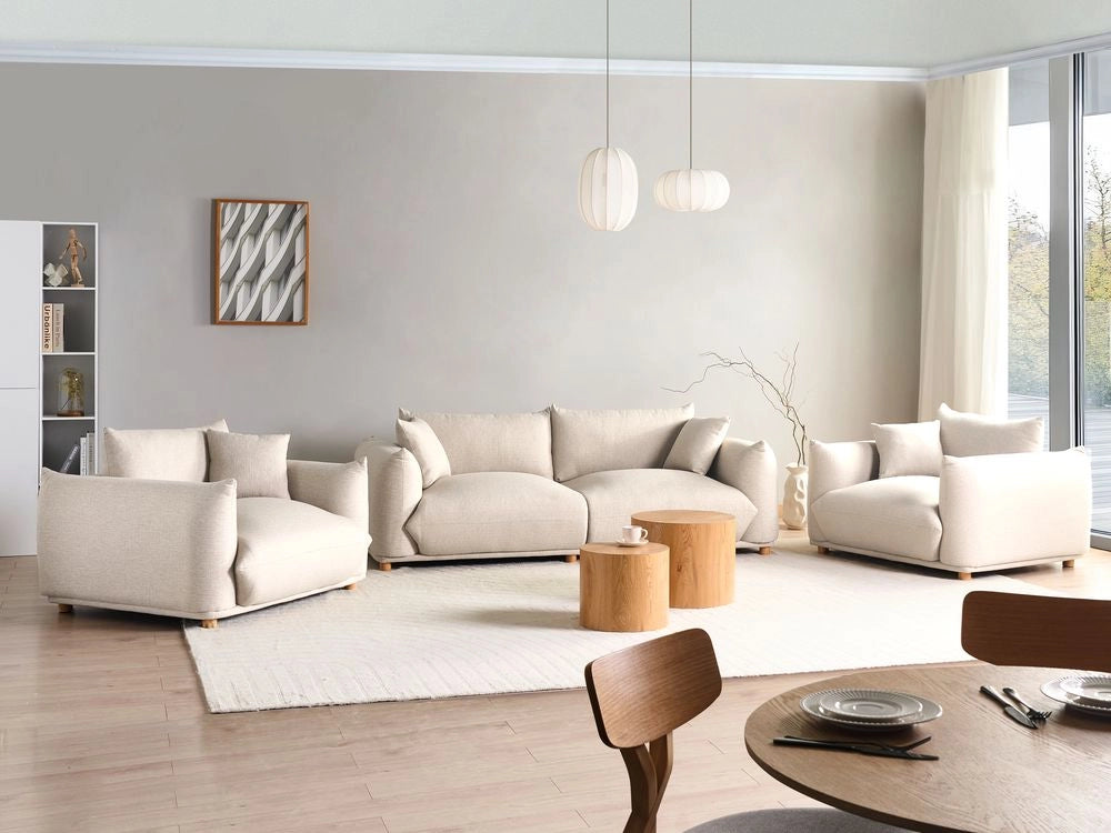Set di divani in tessuto beige chiaro a 5 posti con cuscini e poltrone Divano da soggiorno