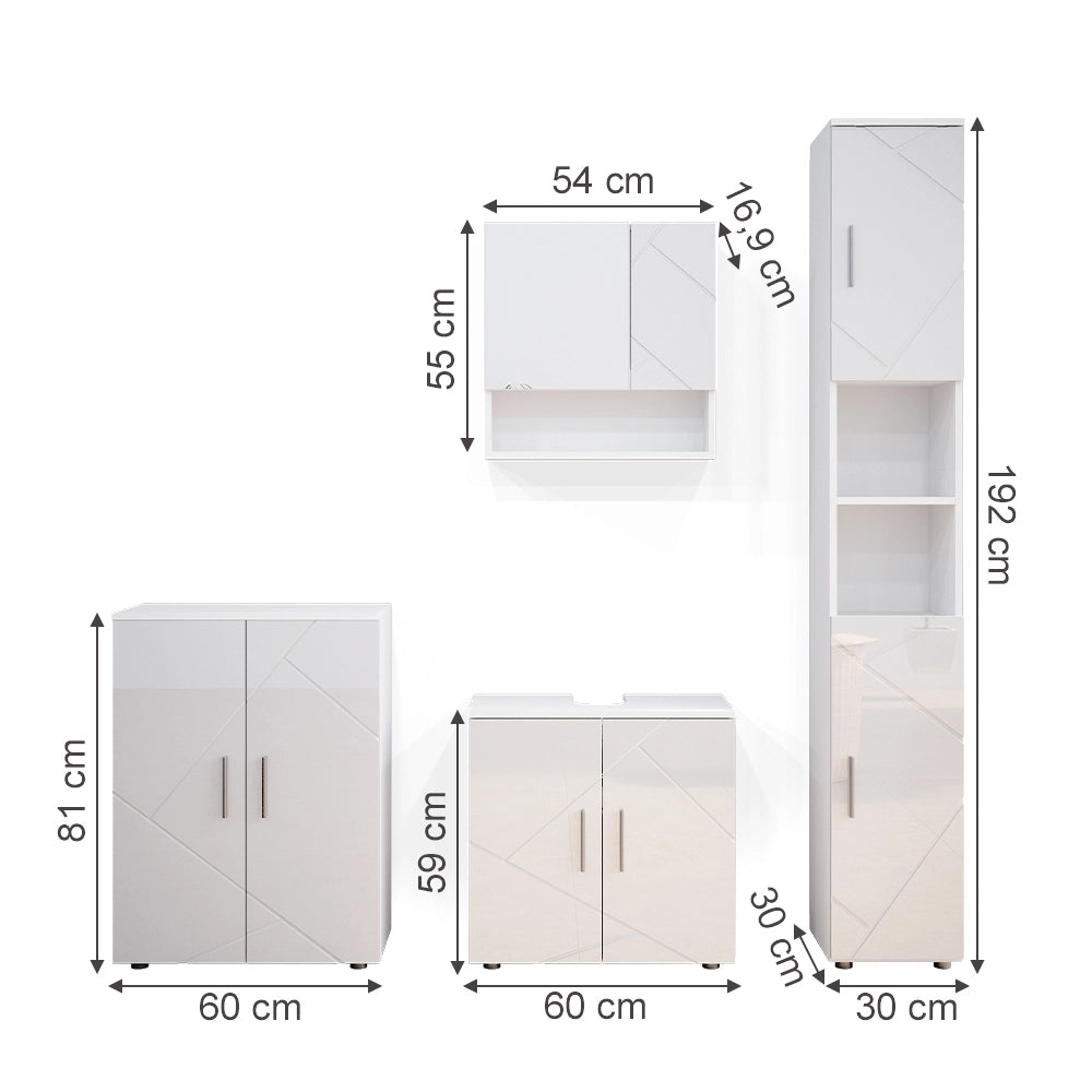 Vicco Set mobili bagno Bianco lucido 4 parti, con armadio alto e cassettiera