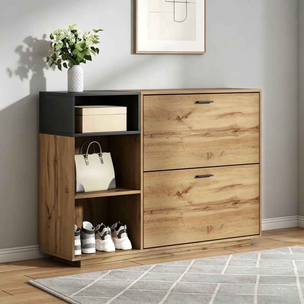 Scarpiera con 2 ante a ribalta e 3 vani aperti, per ingresso, in MDF, effetto legno naturale e nero, 120 × 32 × 84,5 cm