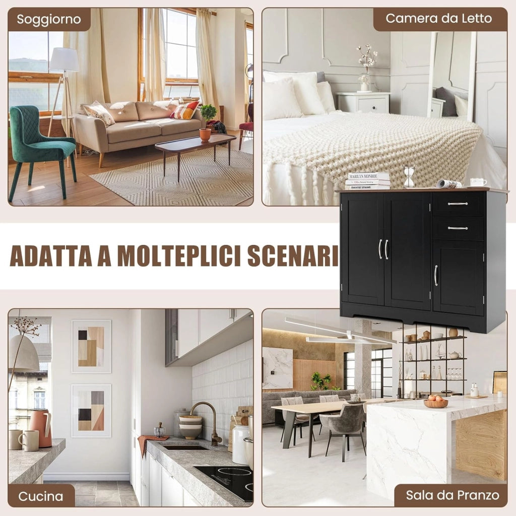 Credenza Buffet, Armadio di Stoccaggio Moderno con 2 Ante e 2 Cassetti, Ripiano Regolabile, per Cucina, Sala da Pranzo, 100 x 40 x 78 cm (Nero)
