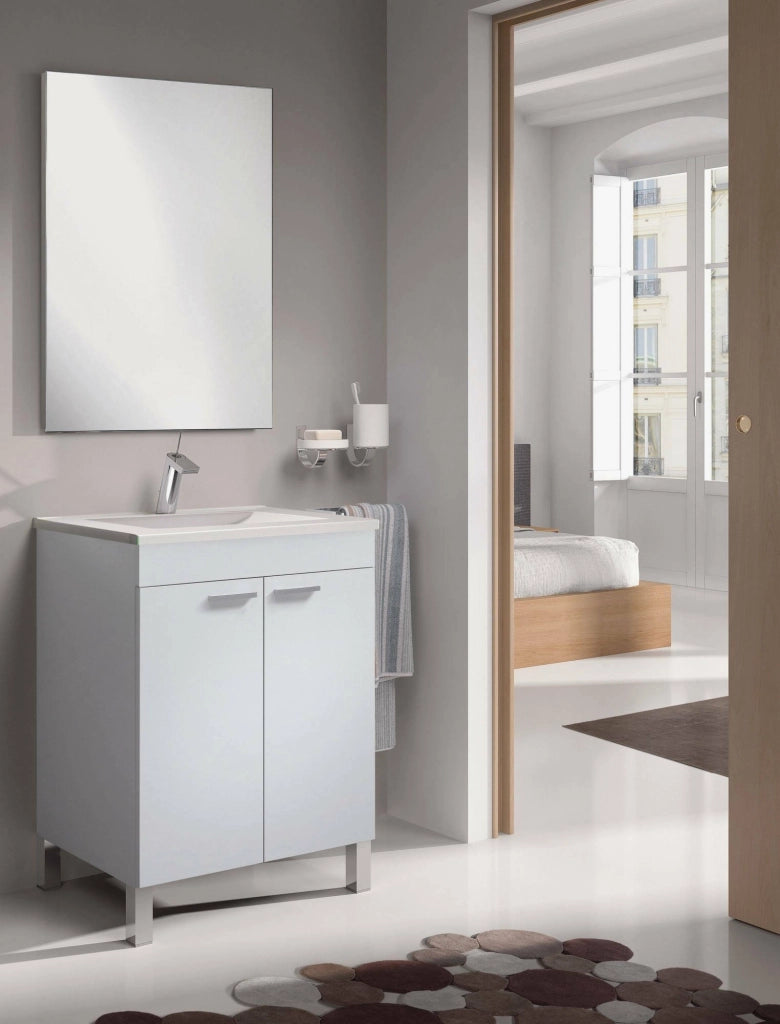 Mobile sottolavabo Abaco, Mobiletto da terra, Armadietto con 2 ante, color bianco lucido, cm 60 x 80 x 45,Bianco