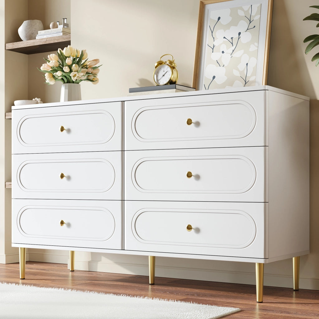 Credenza con 6 cassetti e dettagli ovali, piedi in metallo, per soggiorno e ingresso, bianco, 120 × 40 × 75 cm