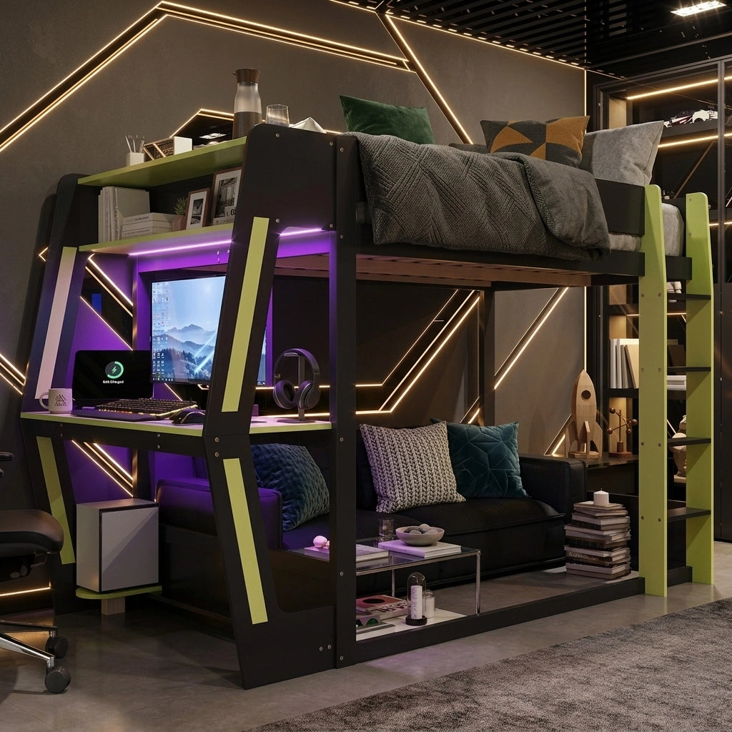 Letto a soppalco 120x200 cm in pino e MDF; nero e verde; con scrivania e LED per cameretta