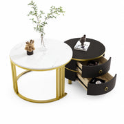 Tavolini da caffè rotondi 70x70x46 cm e 50x50x40 cm; piano lucido con effetto marmo; MDF nero