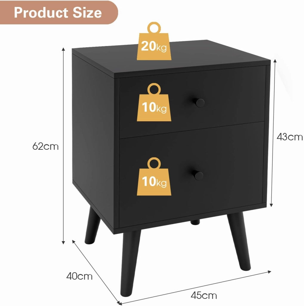 Comodino con 2 cassetti, tavolino con gambe in legno di gomma, comodino per soggiorno, camera da letto, 45×39,5x61,5cm